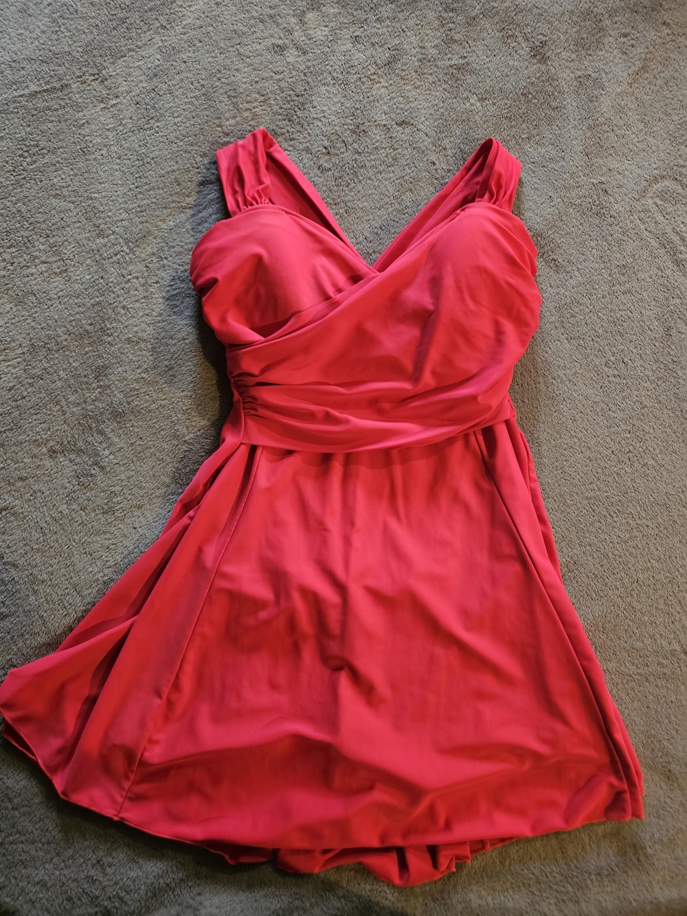 Red V-Neck One-Piece Swimdress with Ruched Waist